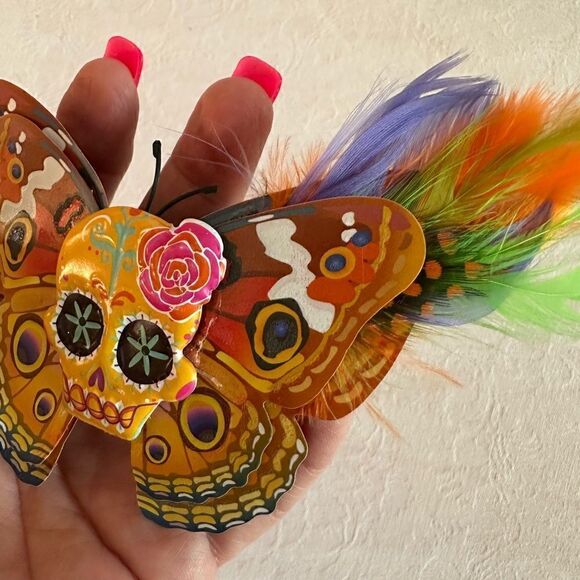 Sugar Skull Butterfly Hair Barrette Hand Crafted Halloween - Picture 10 of 10